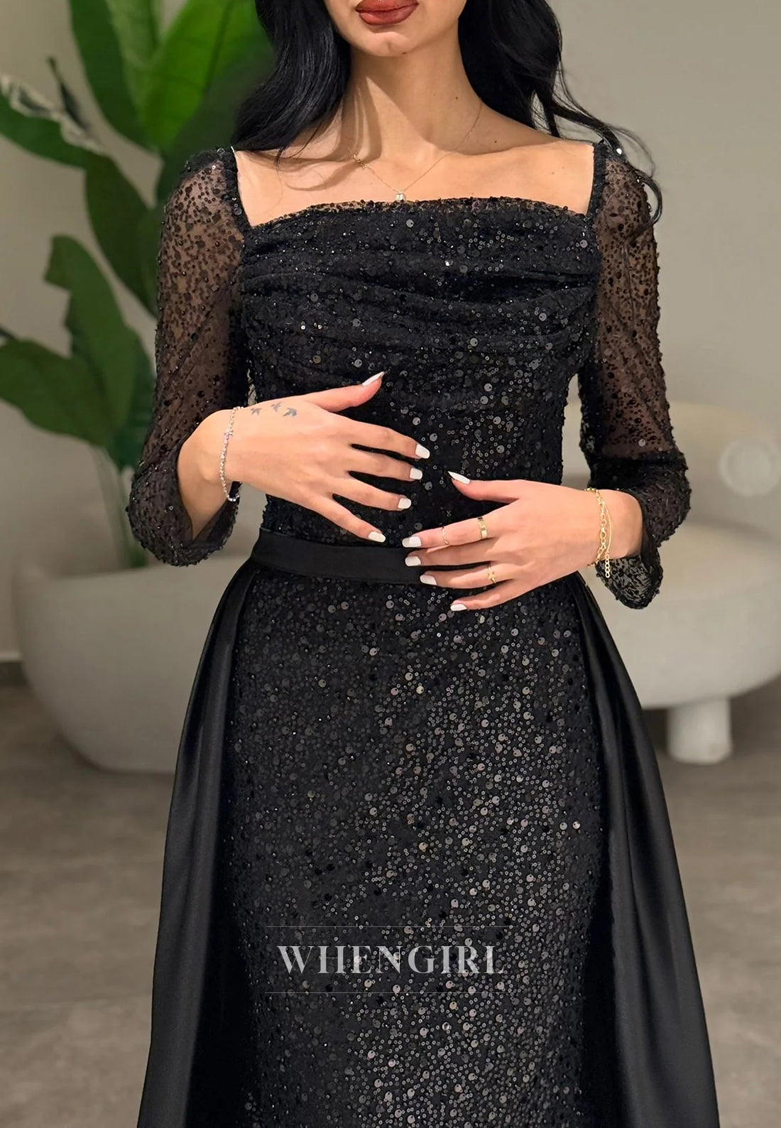 Sheath Square Neck Long Sleeves Beaded Sweep Train Evening Formal Dress
