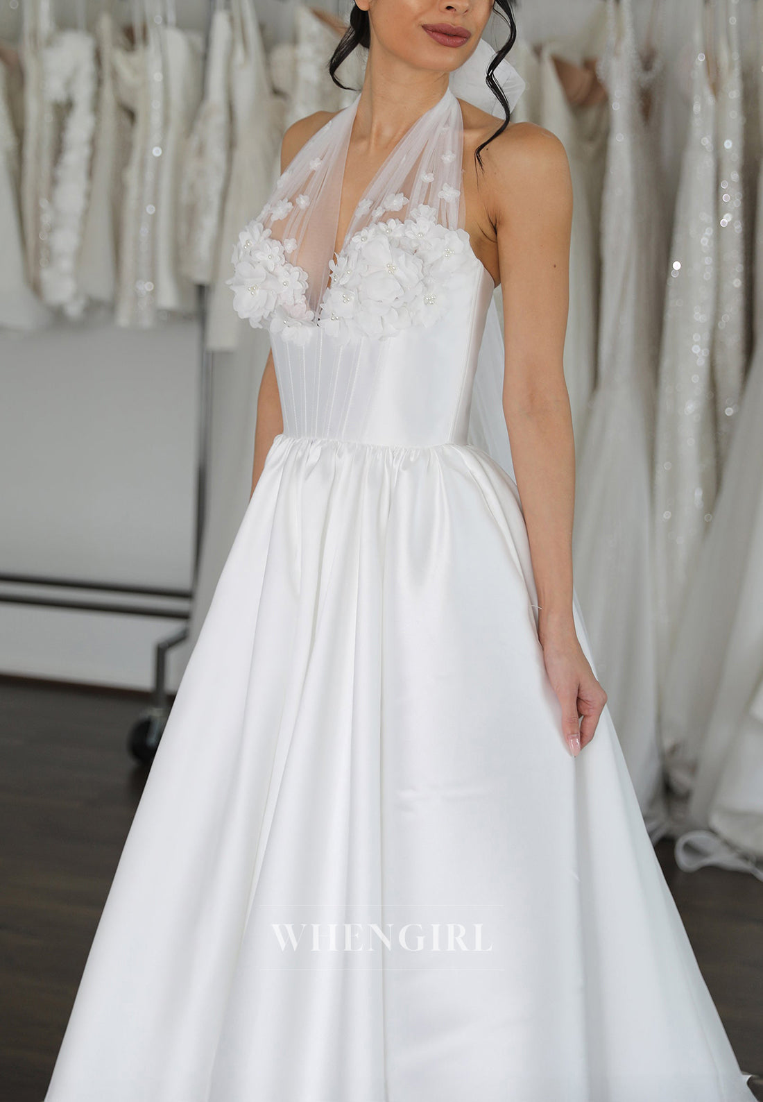 V Neck Halter Floral Sleeveless A-Line Back Zipper Satin Wedding Dress with Court Train