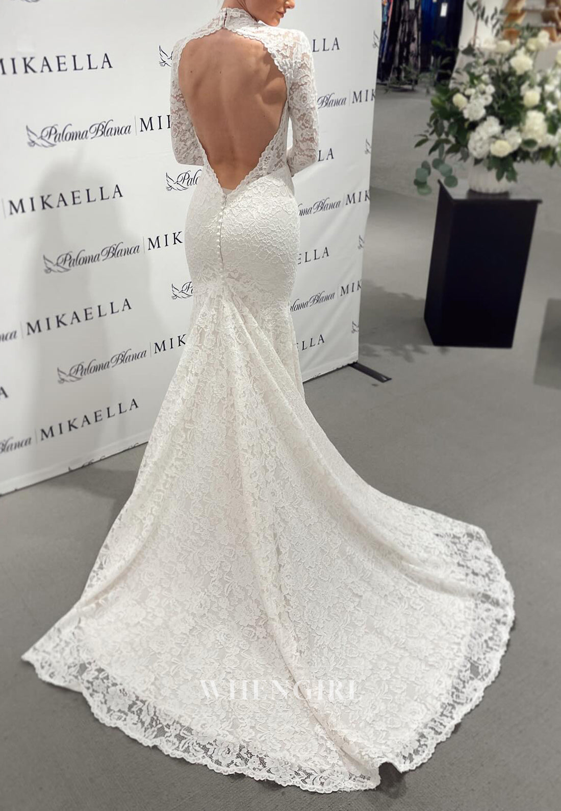 Sheath Long Sleeves High Neck Sweep Train Cut Out Back Lace Wedding Dress