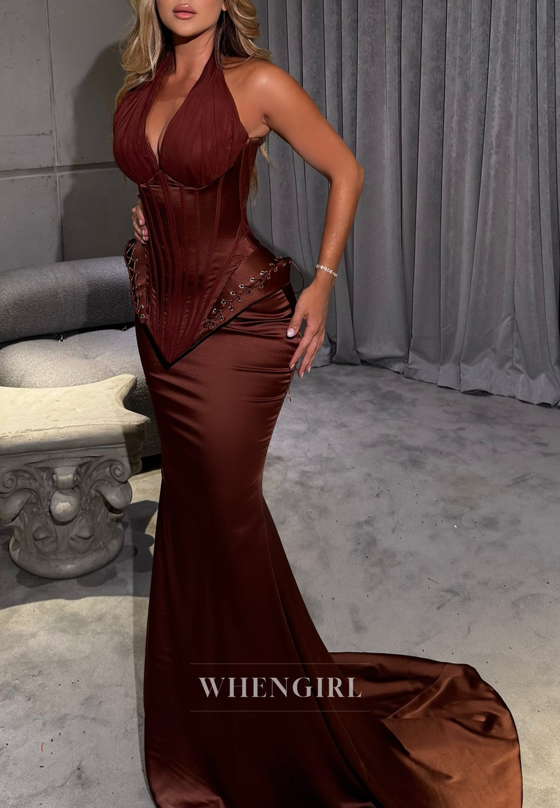 Chocolate Halter Corset Sleeveless Mermaid Sweep Train Formal Evening Gown