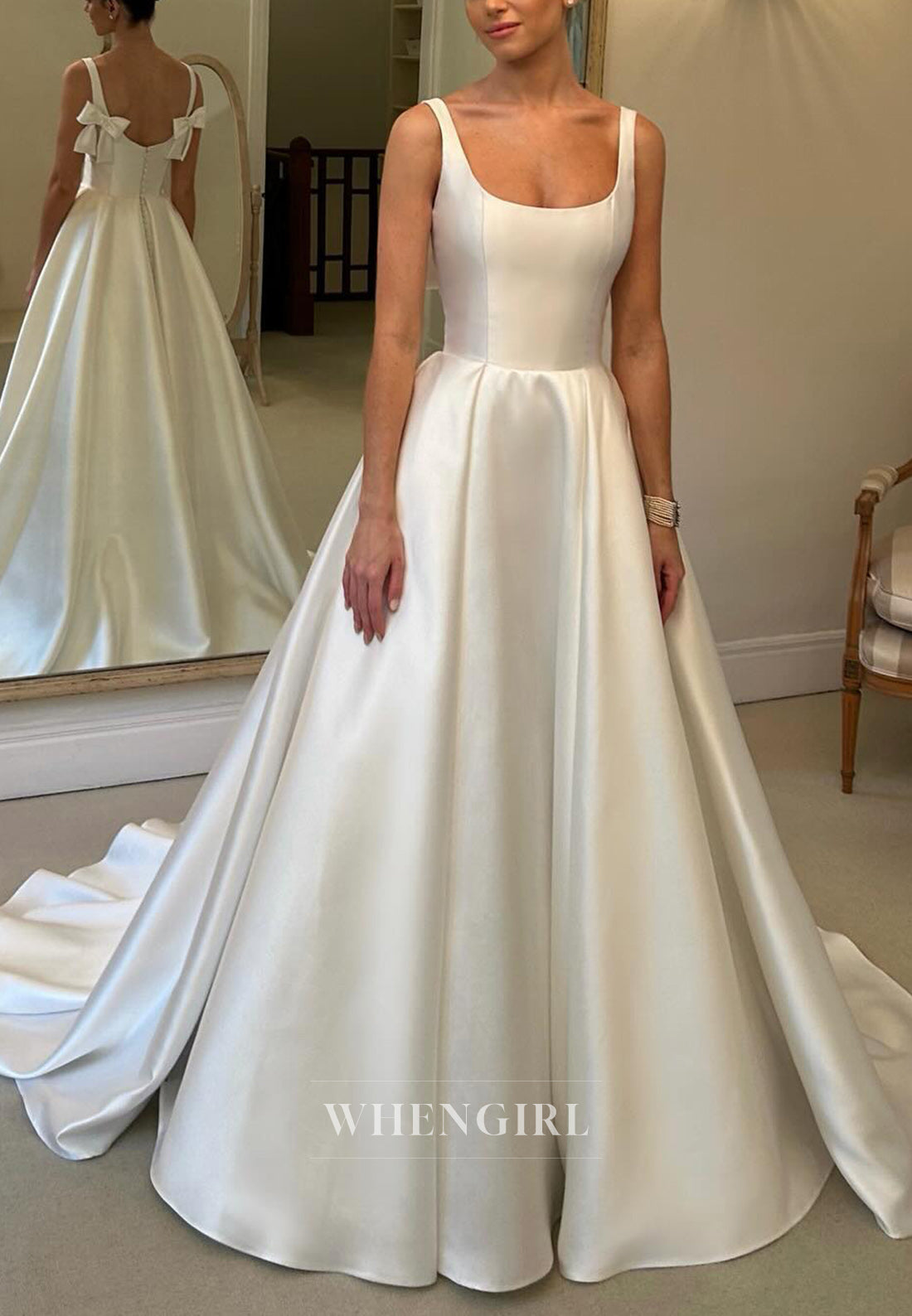 A Line Square Simple Satin Cheap Wedding Dress with Court Train – WhenGirl A Line Square Simple Satin Cheap Wedding Dress with Court Train – WhenGirl