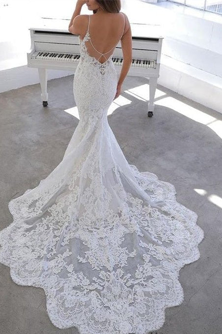 Spaghetti-Straps Sleeveless Mermaid Lace Wedding Dresses V-Neck Open Back