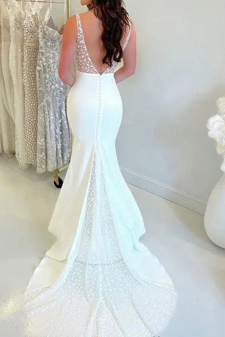 V-Neck Sleeveless Satin Wedding Gowns Mermaid Open Back With Appliques