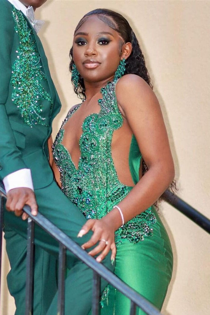 Dark Green Halter Sleeveless Mermaid Prom Dress With Beadings Online
