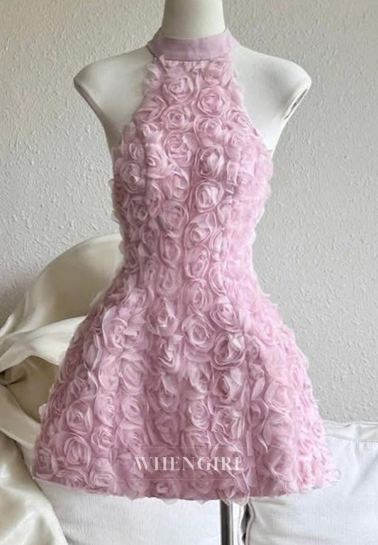 A-Line Floral Halter Sleeveless Homecoming Dress