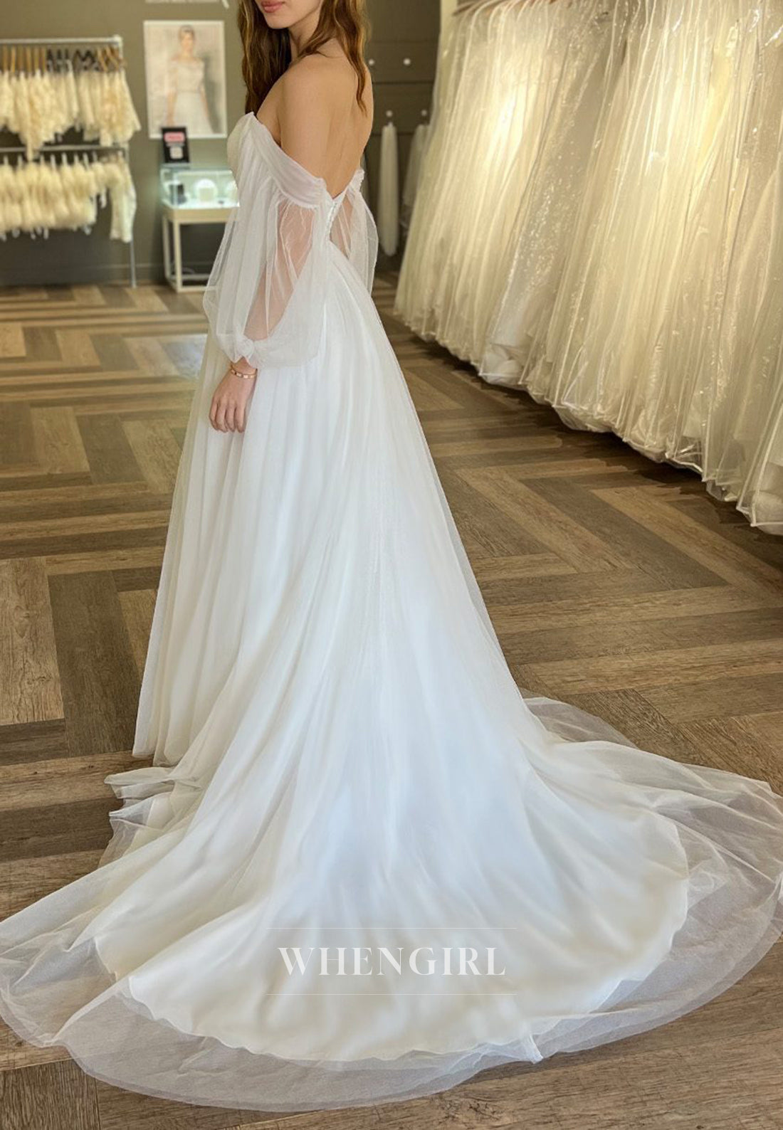 Off Shoulder Long Puff Sleeves A-Line Sweep Train Beach Wedding Dress