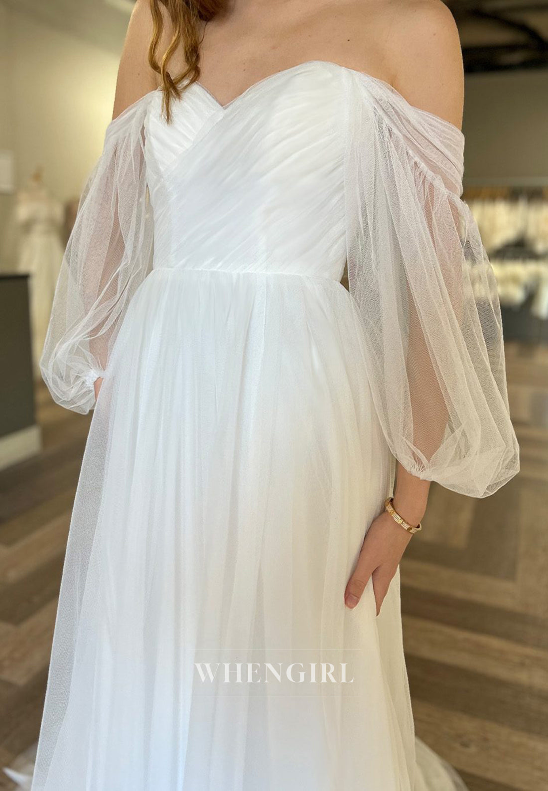 Off Shoulder Long Puff Sleeves A-Line Sweep Train Beach Wedding Dress