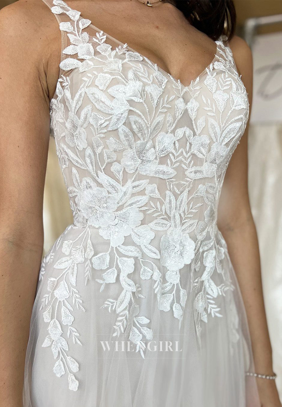Appliqued Lace V Neck Sweep Train Regular Straps Sleeveless A-Line Beach Wedding Dress