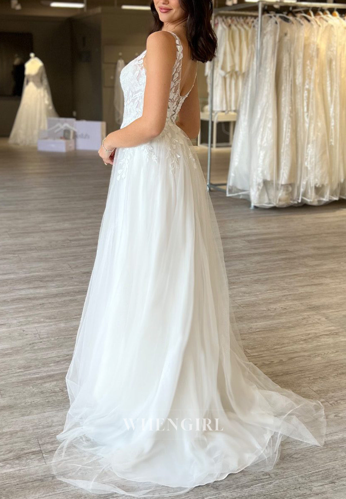 Appliqued Lace V Neck Sweep Train Regular Straps Sleeveless A-Line Beach Wedding Dress