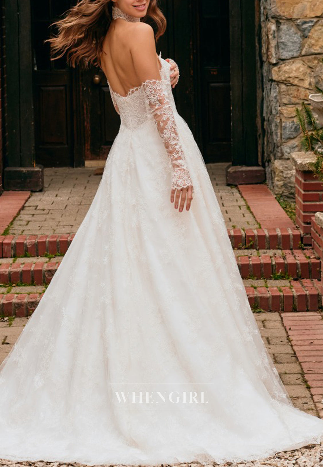 A-Line V Neck Long Sleeves Strapless Back Zipper Lace Wedding Dress with Train