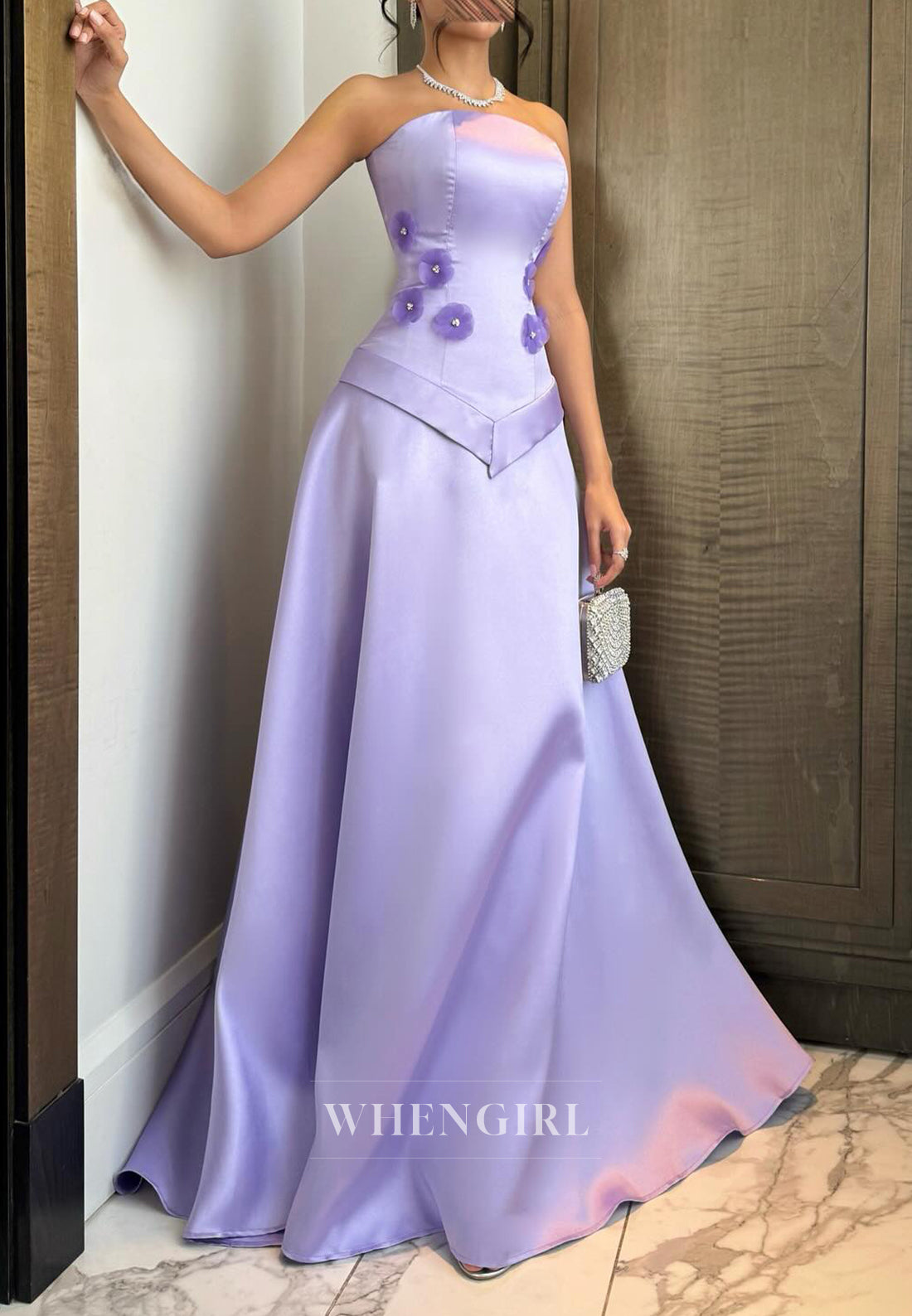 Lavender A-Line Tube Top Sleeveless Flowers Back Zipper Formal Evening Dress
