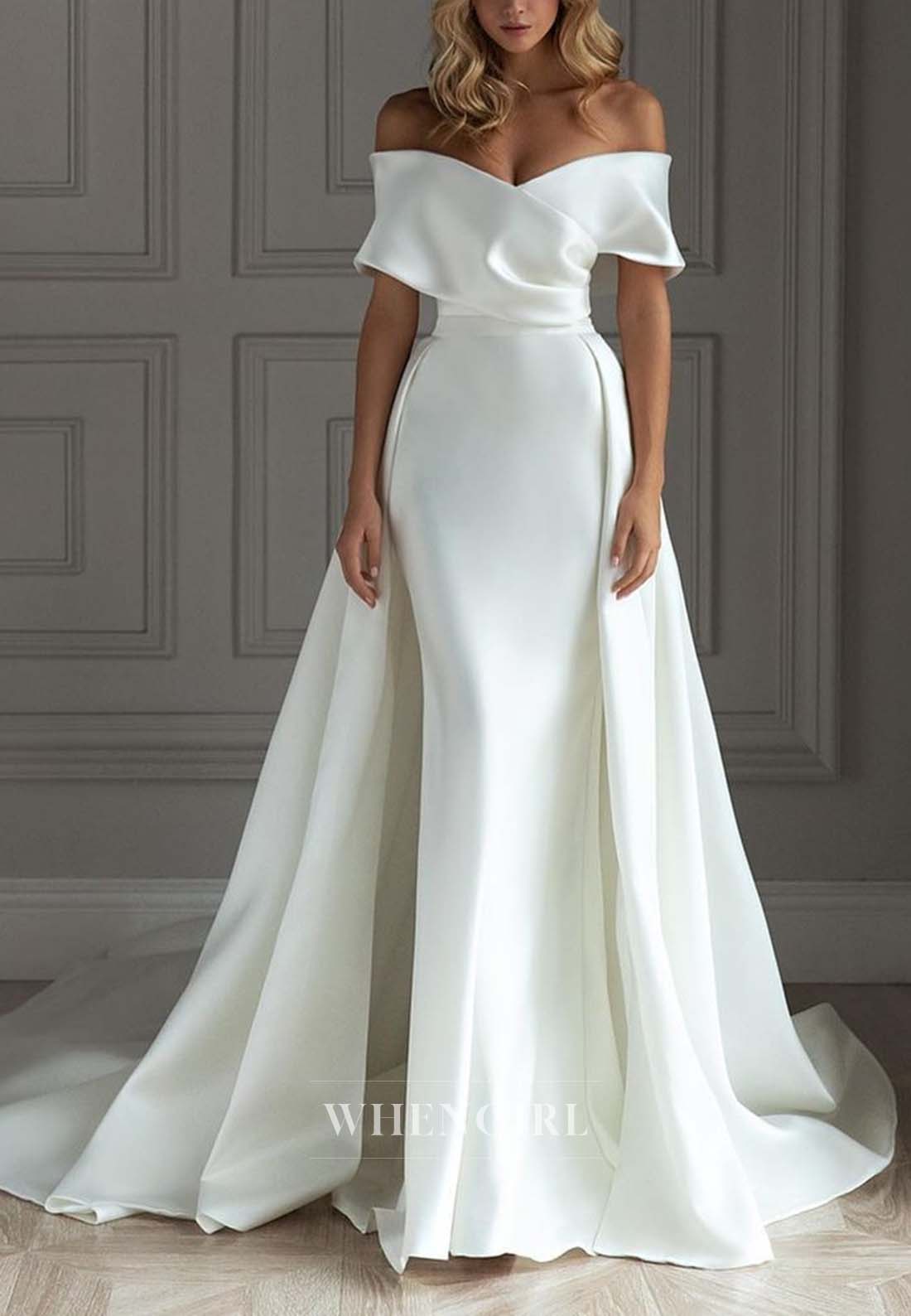 Simple Off Shoulder Sheath Ruched Court Train Wedding Dress