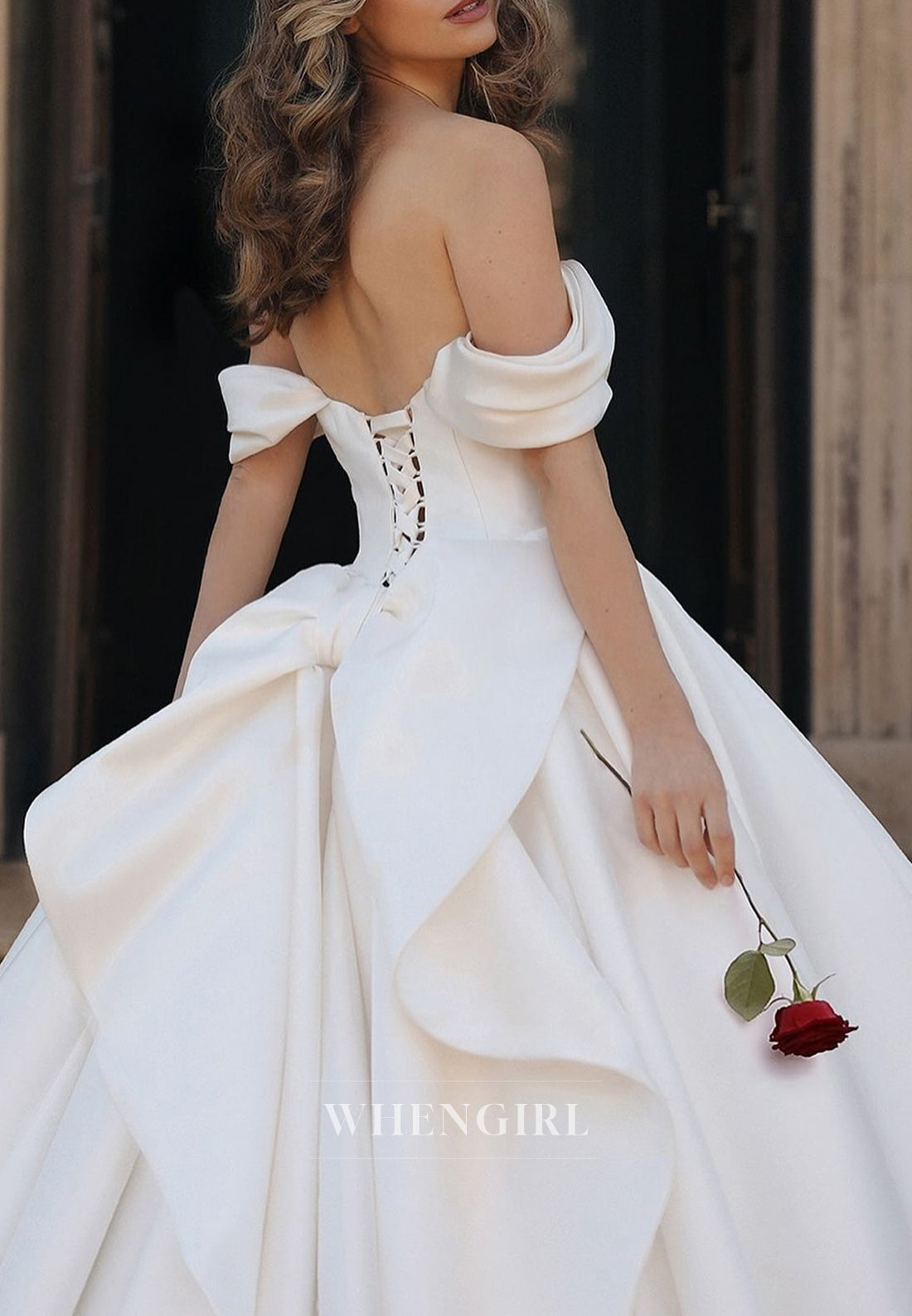 A-Line Sweetheart Off Shoulder Sleeveless Satin Appliques Bowknot Chapel Train Wedding Dress