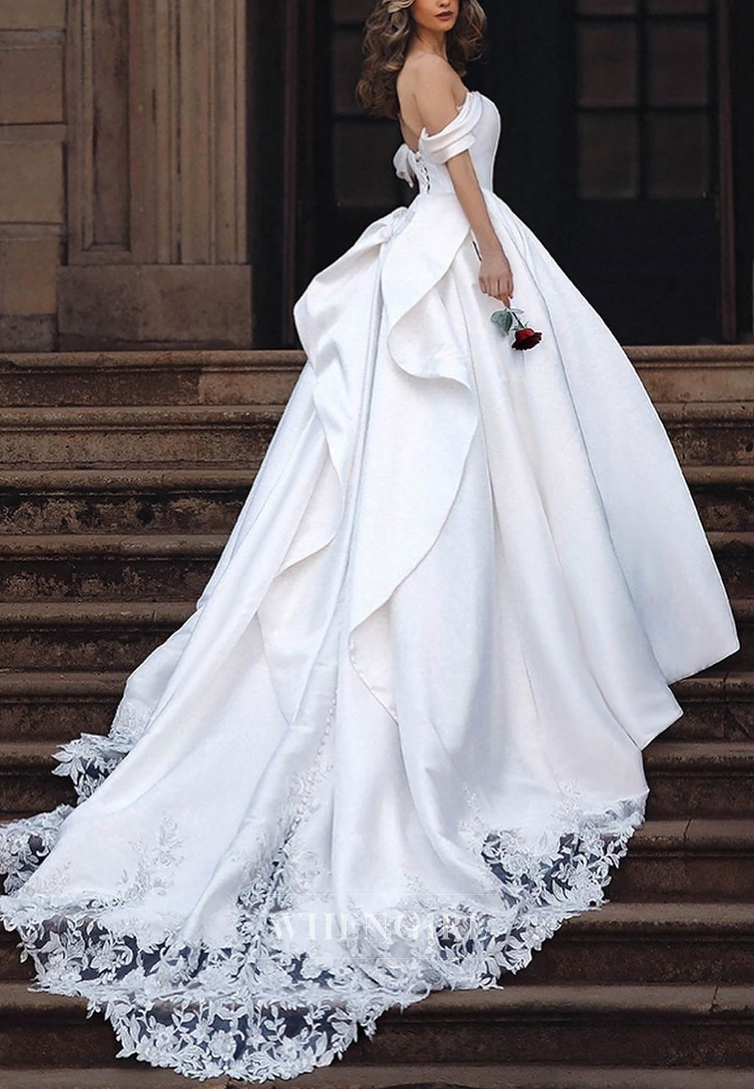 A-Line Sweetheart Off Shoulder Sleeveless Satin Appliques Bowknot Chapel Train Wedding Dress