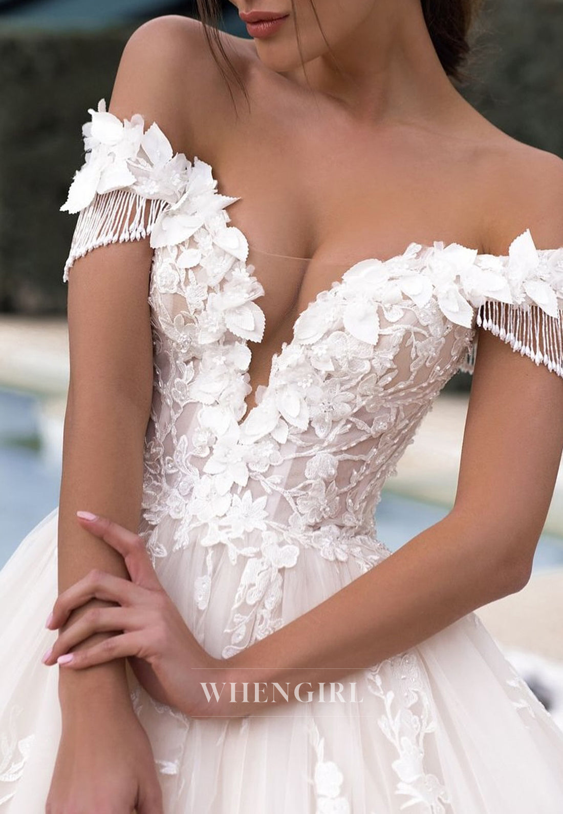 V Neck Tassel Off Shoulder Appliques Tulle A-Line Wedding Dress with Chapel Train