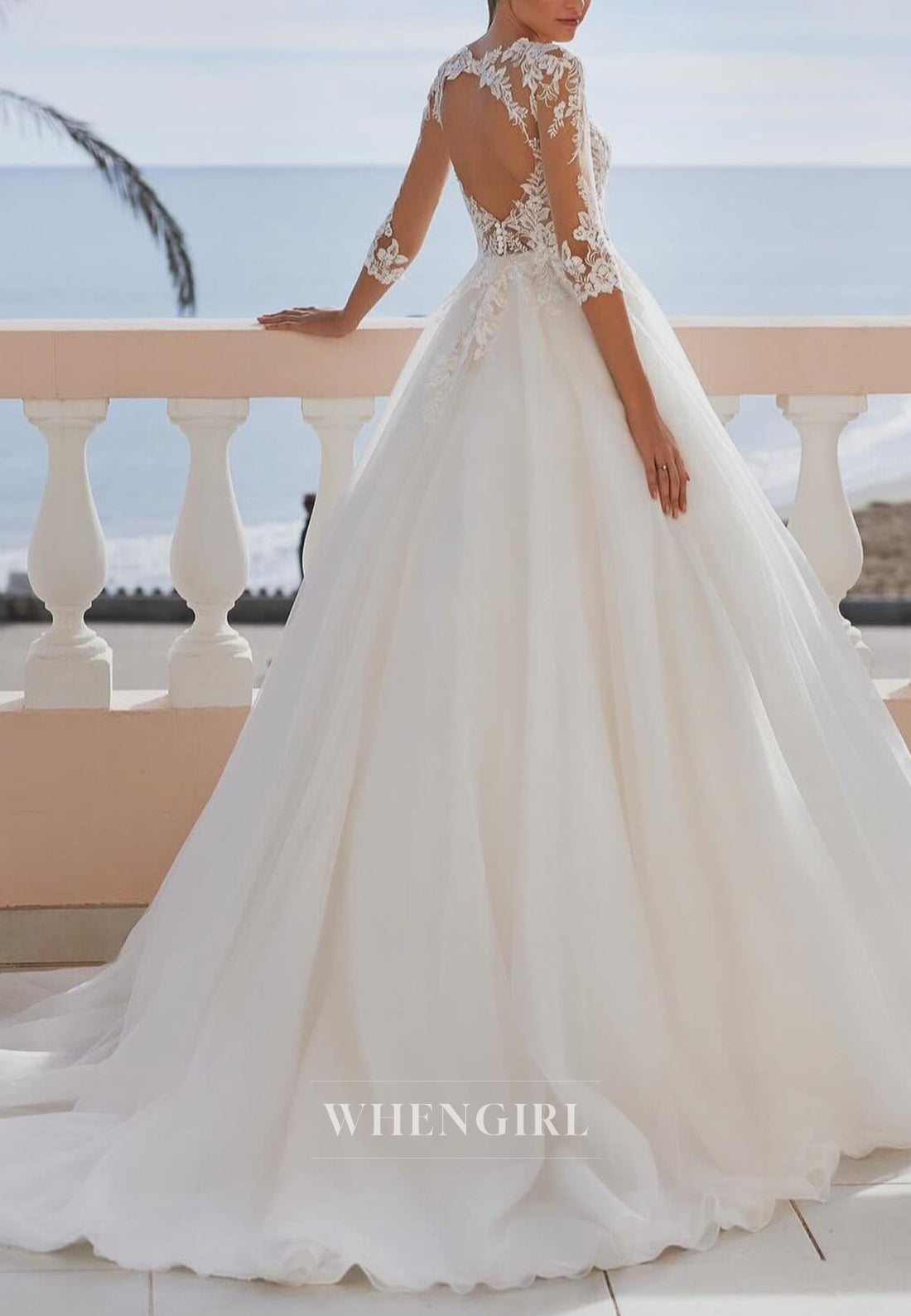 Cut out Back V Neck 3/4 Sleeves Appliques Tulle A-Line Sweep Train Wedding Dress