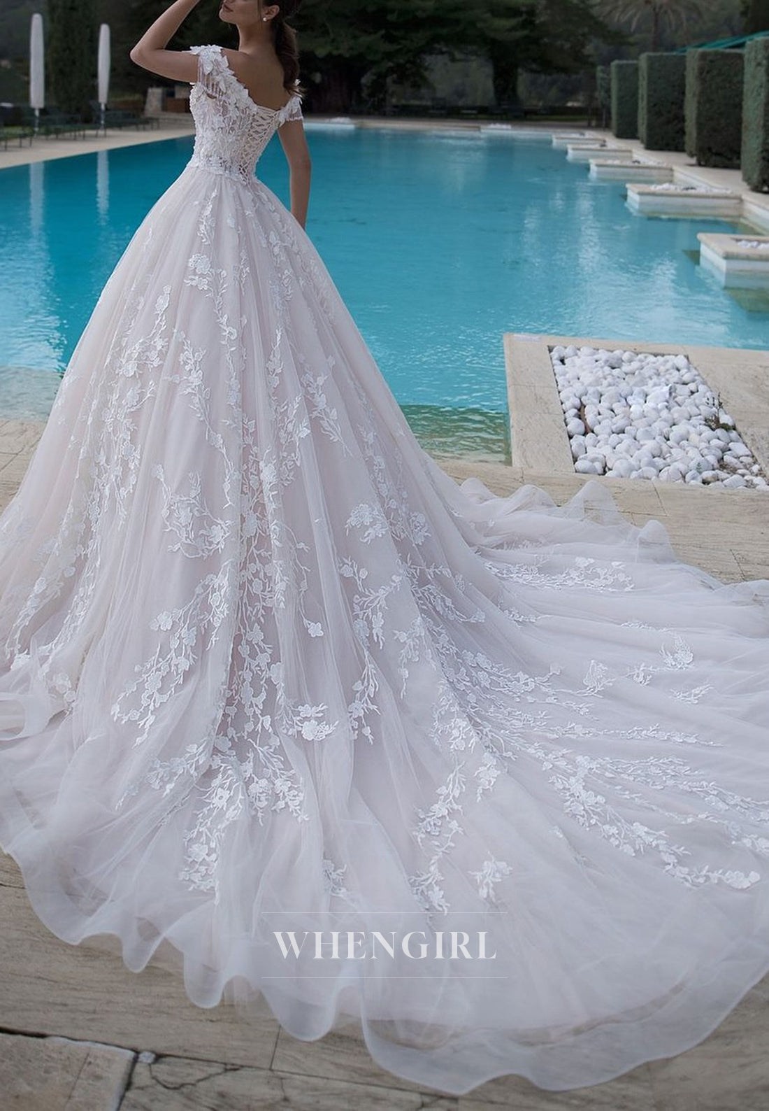 V Neck Tassel Off Shoulder Appliques Tulle A-Line Wedding Dress with Chapel Train