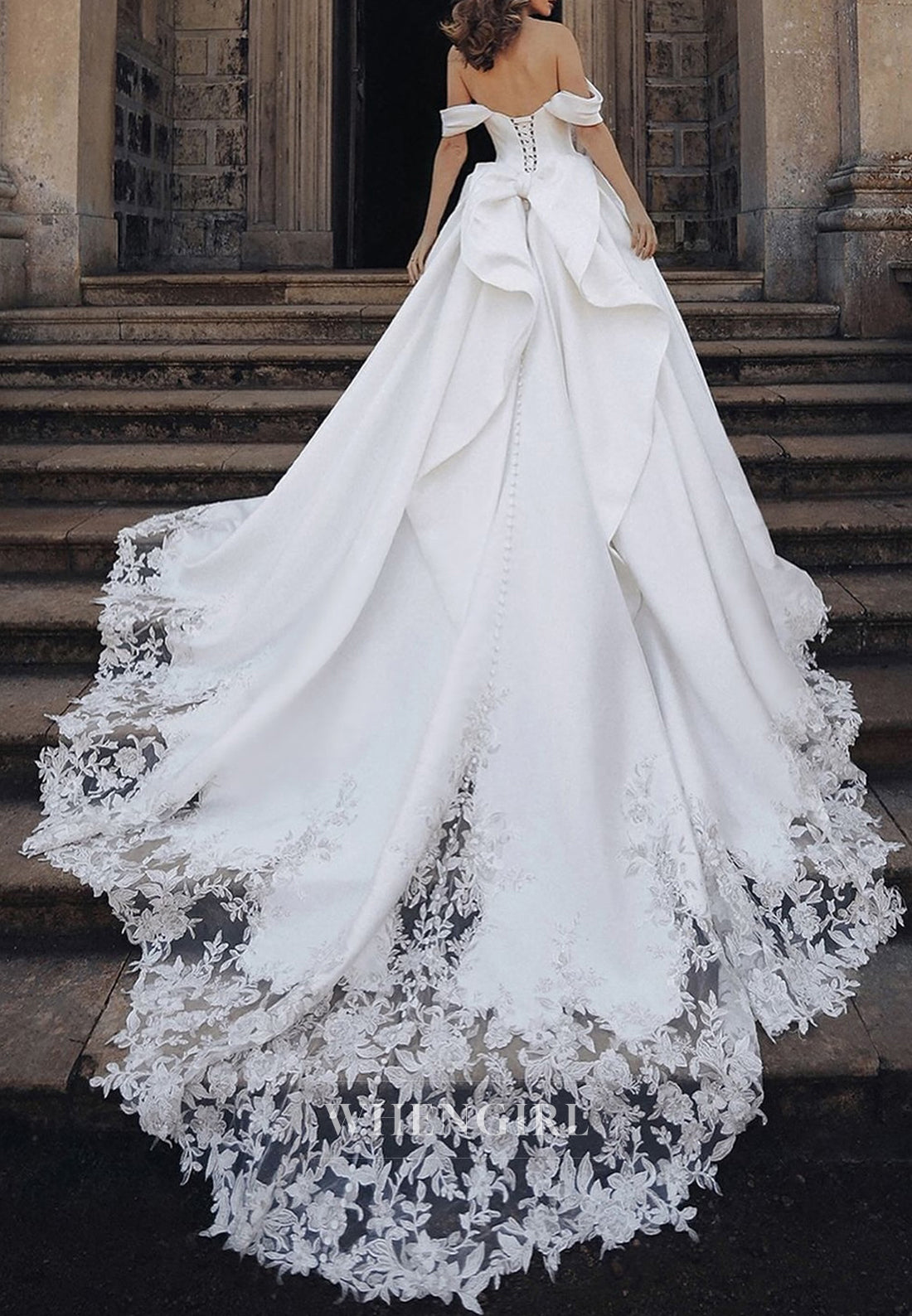 A-Line Sweetheart Off Shoulder Sleeveless Satin Appliques Bowknot Chapel Train Wedding Dress
