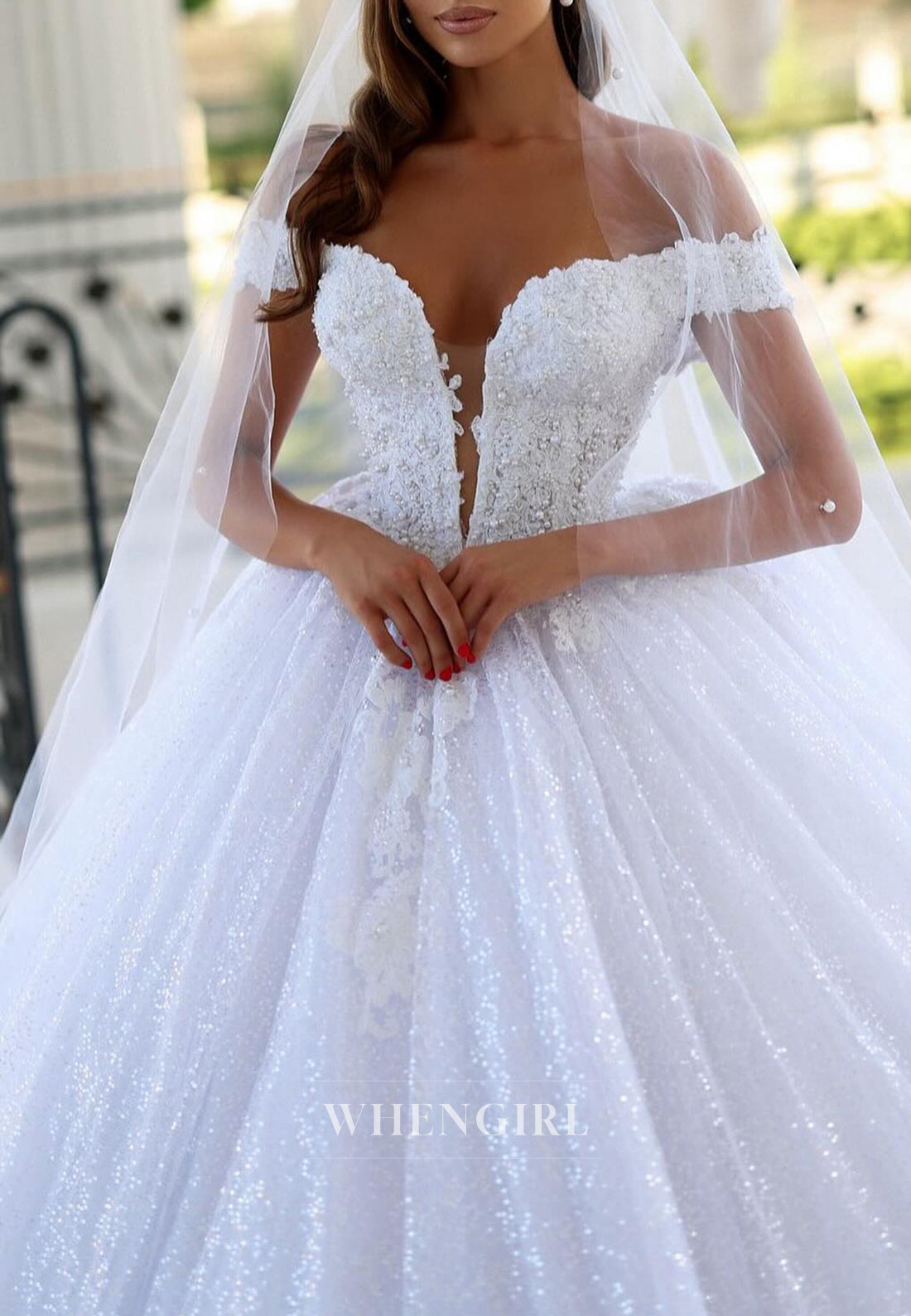 V Neck Off Shoulder Appliqued Beads A-Line Sequins Wedding Dress