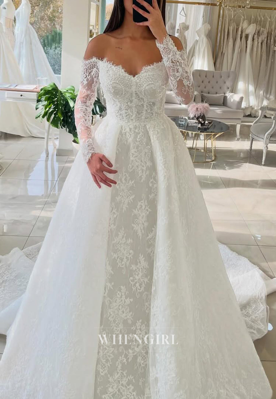 V-Neck Illusion Long Sleeves A-Line Embroidery Lace Off Shoulder Wedding Dress with Court Train