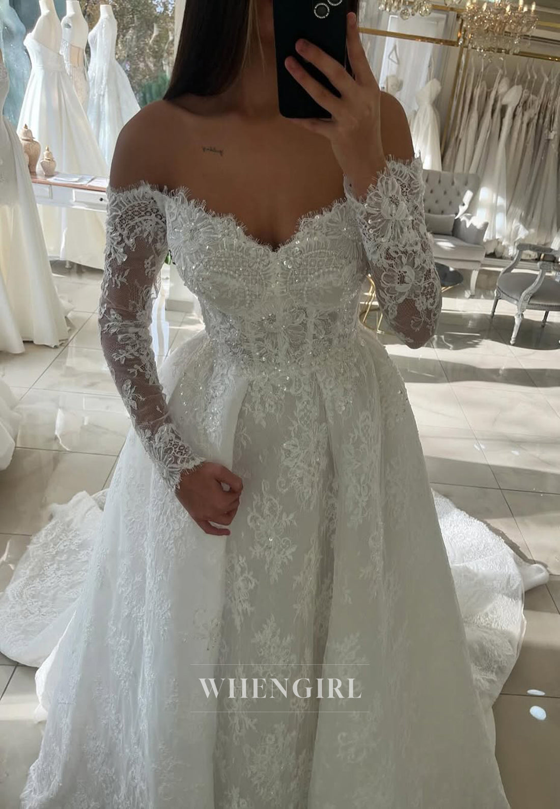 V-Neck Illusion Long Sleeves A-Line Embroidery Lace Off Shoulder Wedding Dress with Court Train