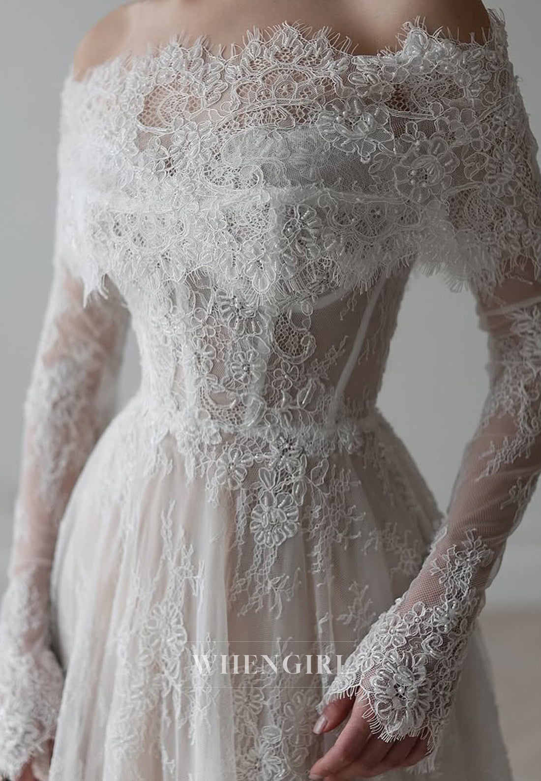 A-Line Long Sleeves Embroidery Lace Beaded Off Shoulder Wedding Dress with Court Train