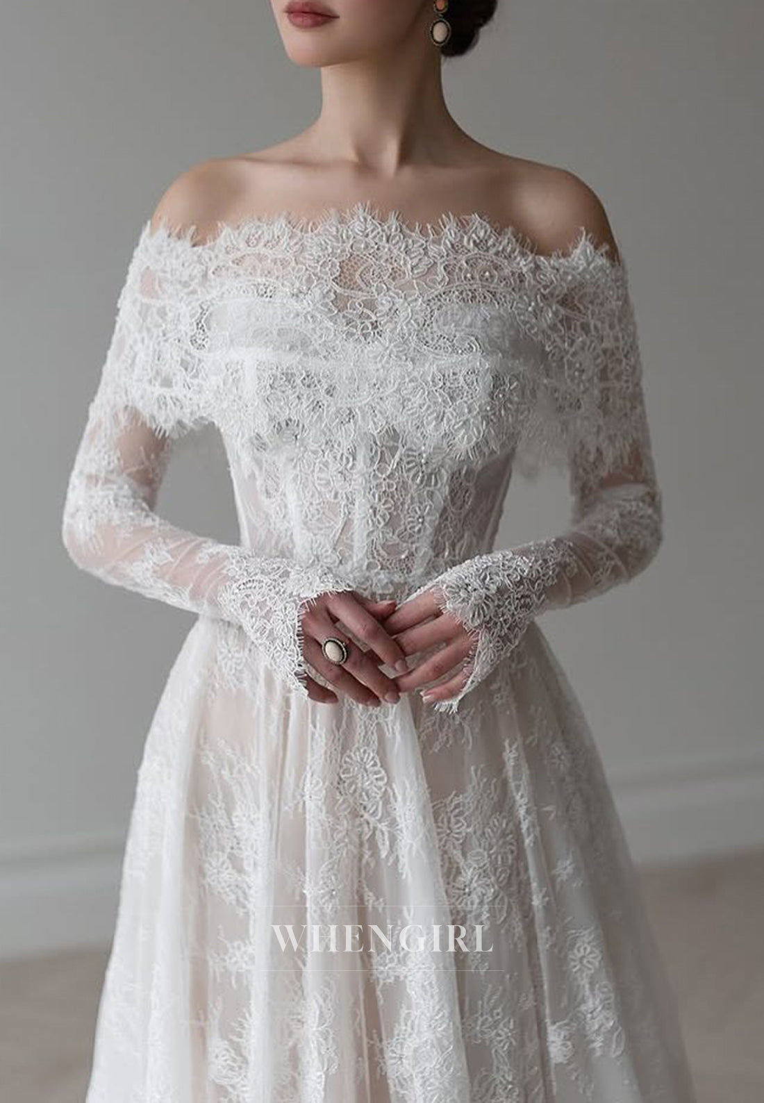 A-Line Long Sleeves Embroidery Lace Beaded Off Shoulder Wedding Dress with Court Train