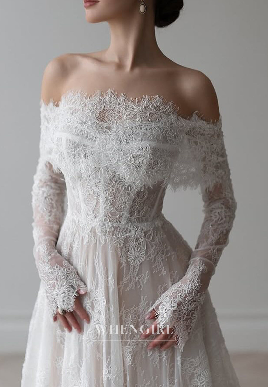 A-Line Long Sleeves Embroidery Lace Beaded Off Shoulder Wedding Dress with Court Train
