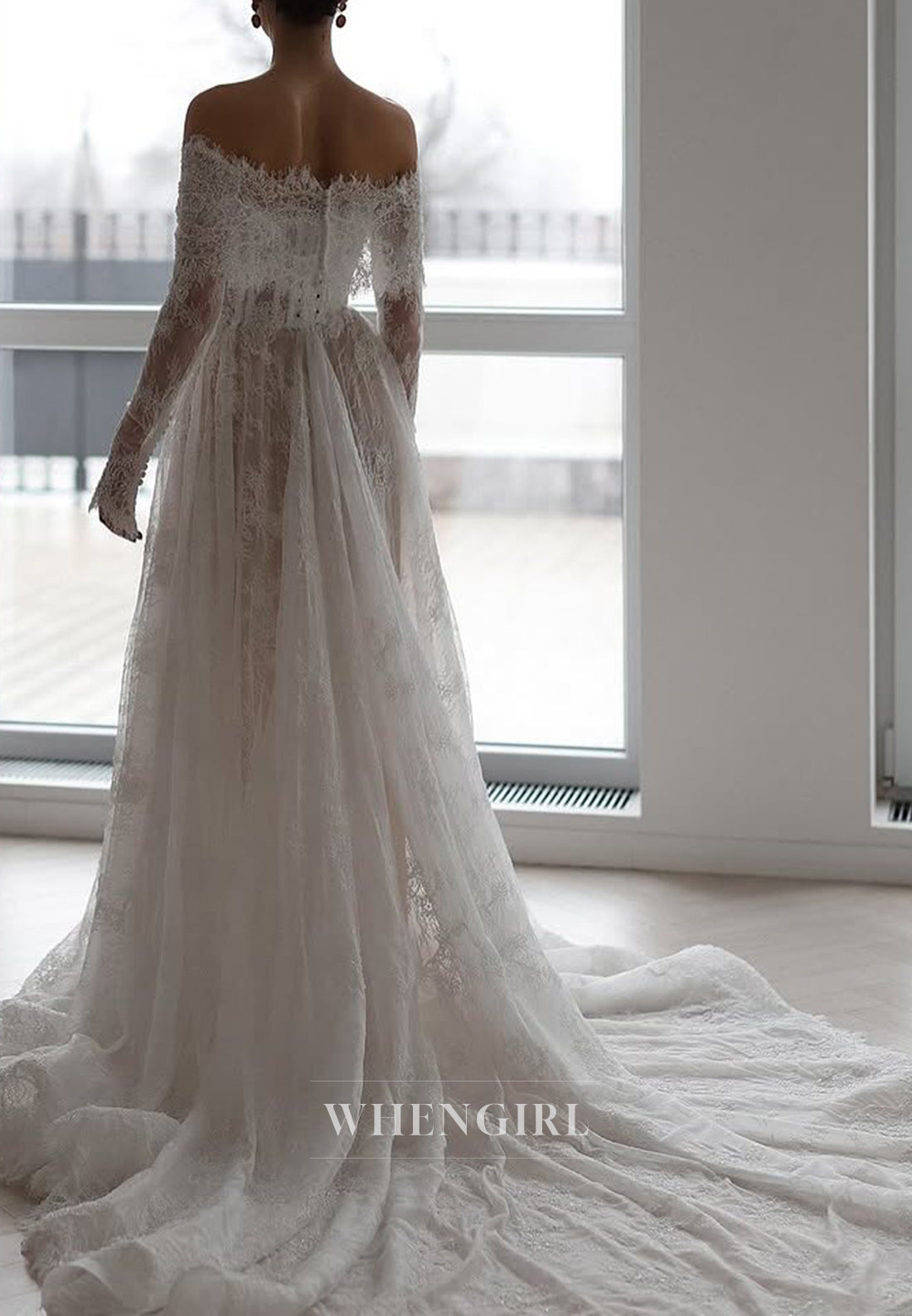 A-Line Long Sleeves Embroidery Lace Beaded Off Shoulder Wedding Dress with Court Train