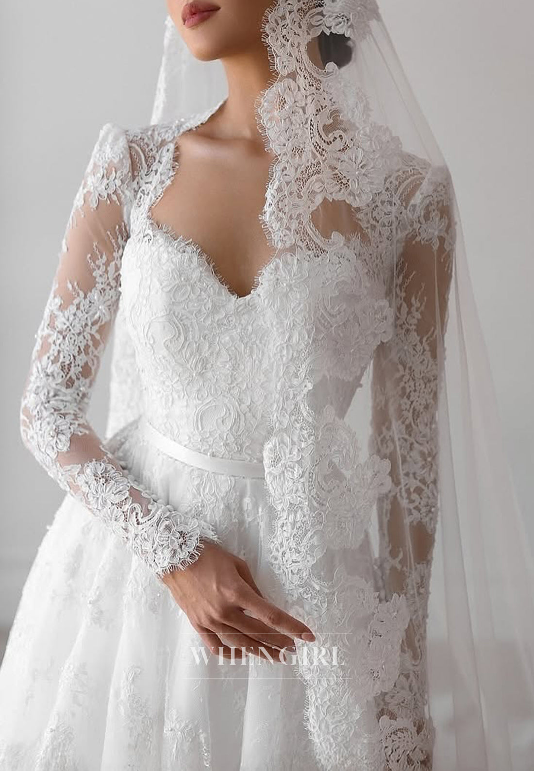 Queen Anne Neck Appliques Lace Long Sleeves A-Line Wedding Dress with Court Train