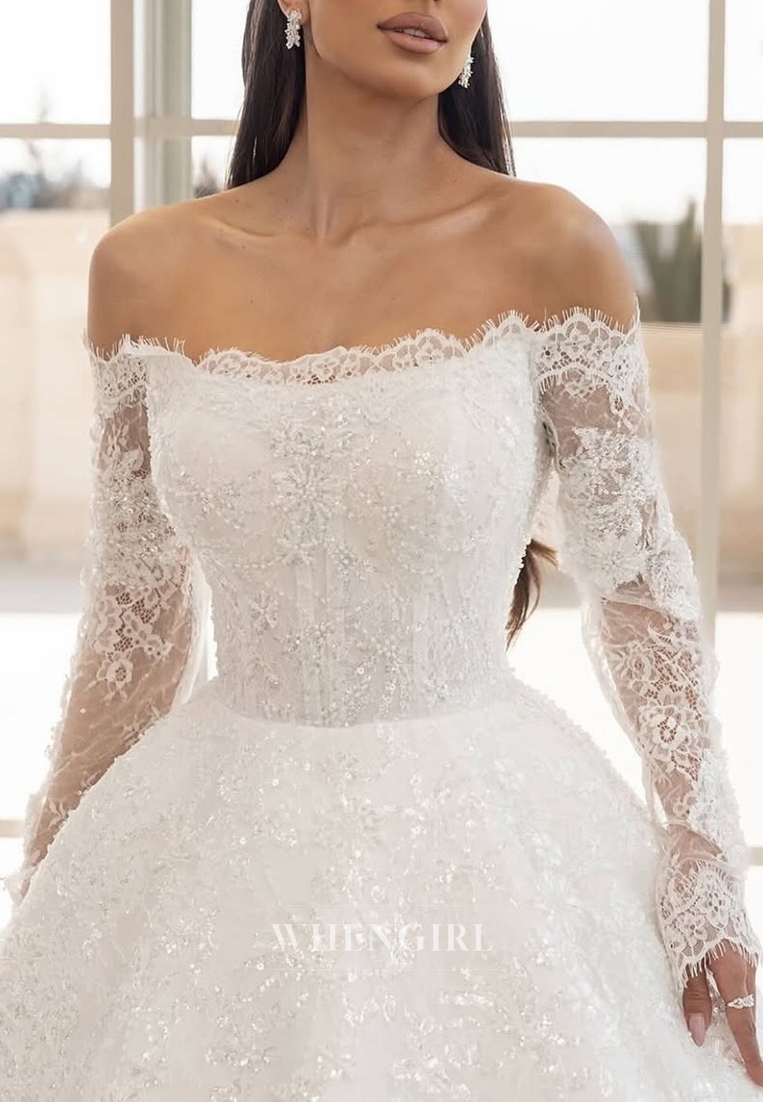 A-Line Appliques Lace Long Sleeves Off Shoulder Beaded Strapless Wedding Dress