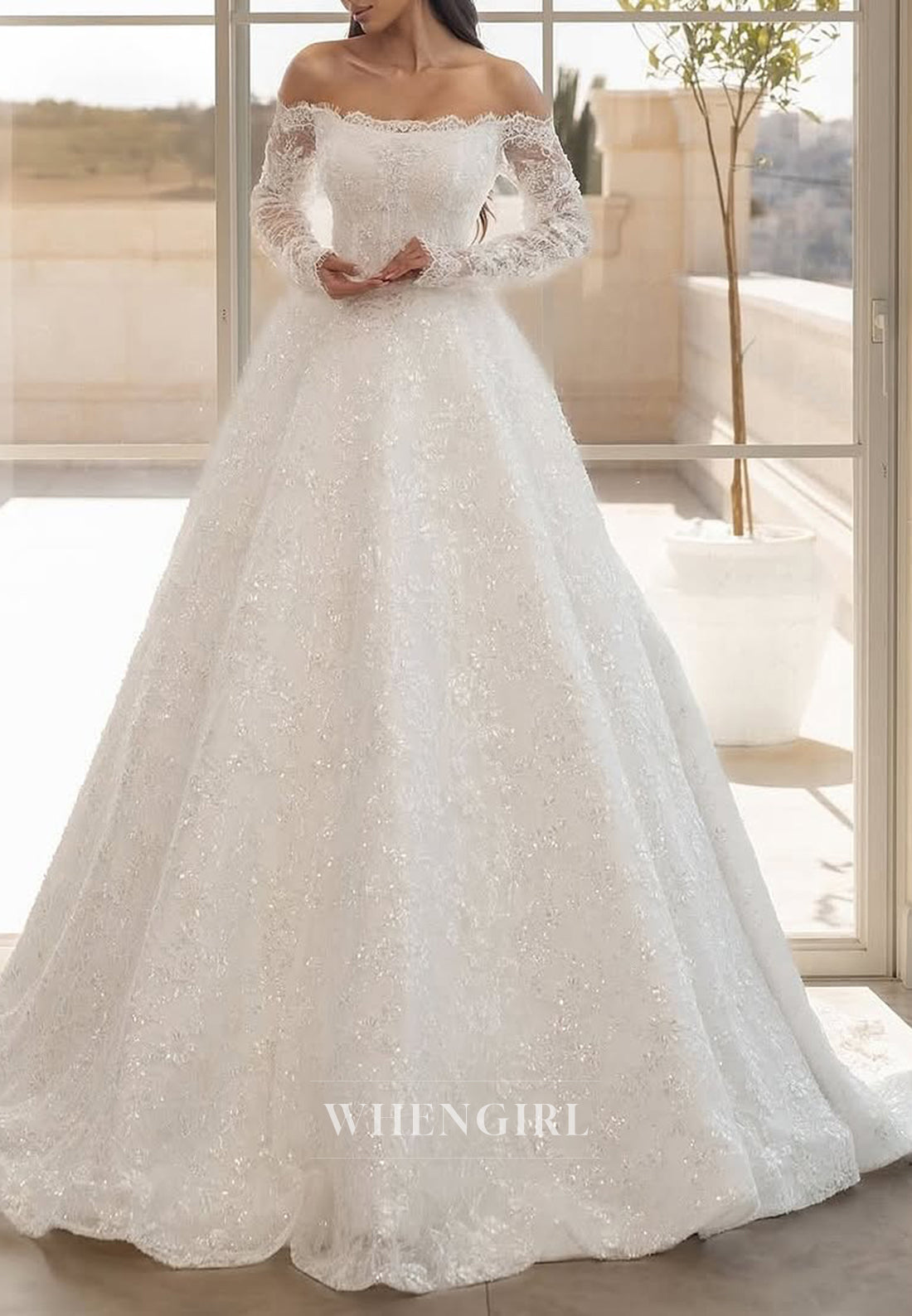 A-Line Appliques Lace Long Sleeves Off Shoulder Beaded Strapless Wedding Dress