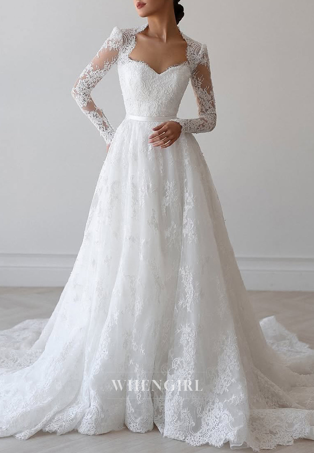Queen Anne Neck Appliques Lace Long Sleeves A-Line Wedding Dress with Court Train