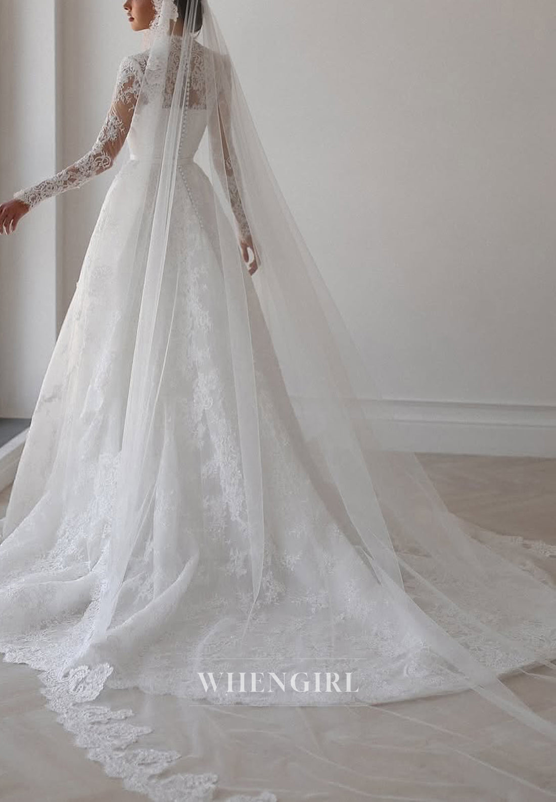 Queen Anne Neck Appliques Lace Long Sleeves A-Line Wedding Dress with Court Train