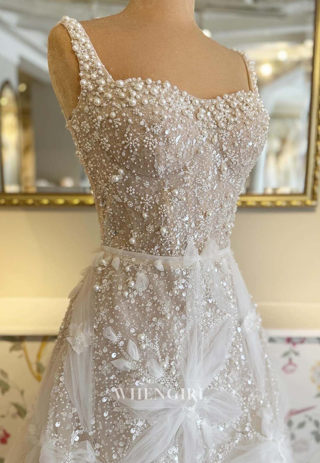 A-Line Sweetheart Sleeveless Pearls Sequins Beaded Sweep Train Wedding Dress