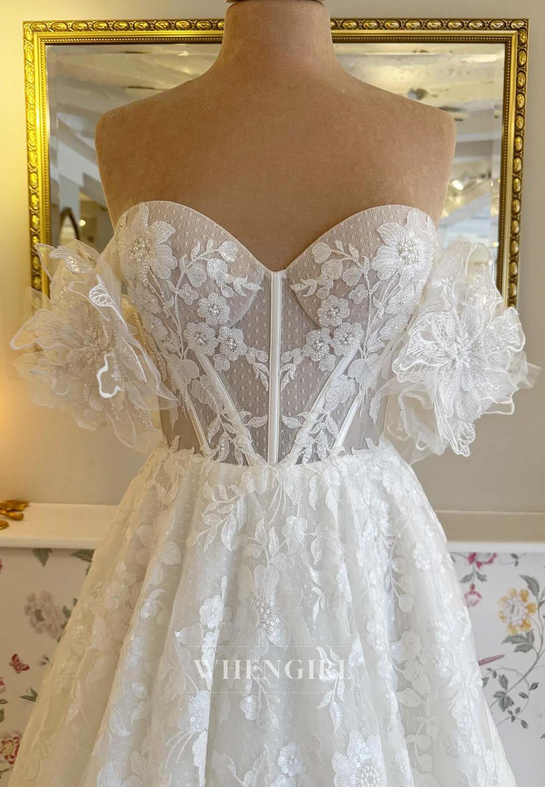 Sweetheart Off Shoulder Appliqued Lace A-Line Sweep Train Wedding Dress