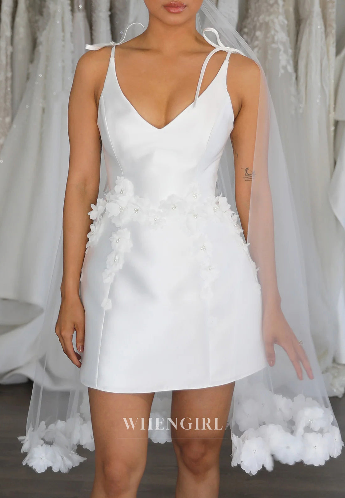 Sheath Satin Bowknot Straps Sleeveless V Neck Floral Short Wedding Dress with Viel