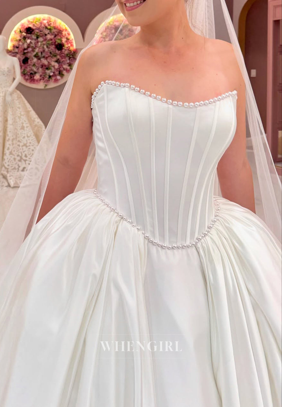 Strapless Sleeveless Beaded Bateau Neck Ball Gown Wedding Dress with Train