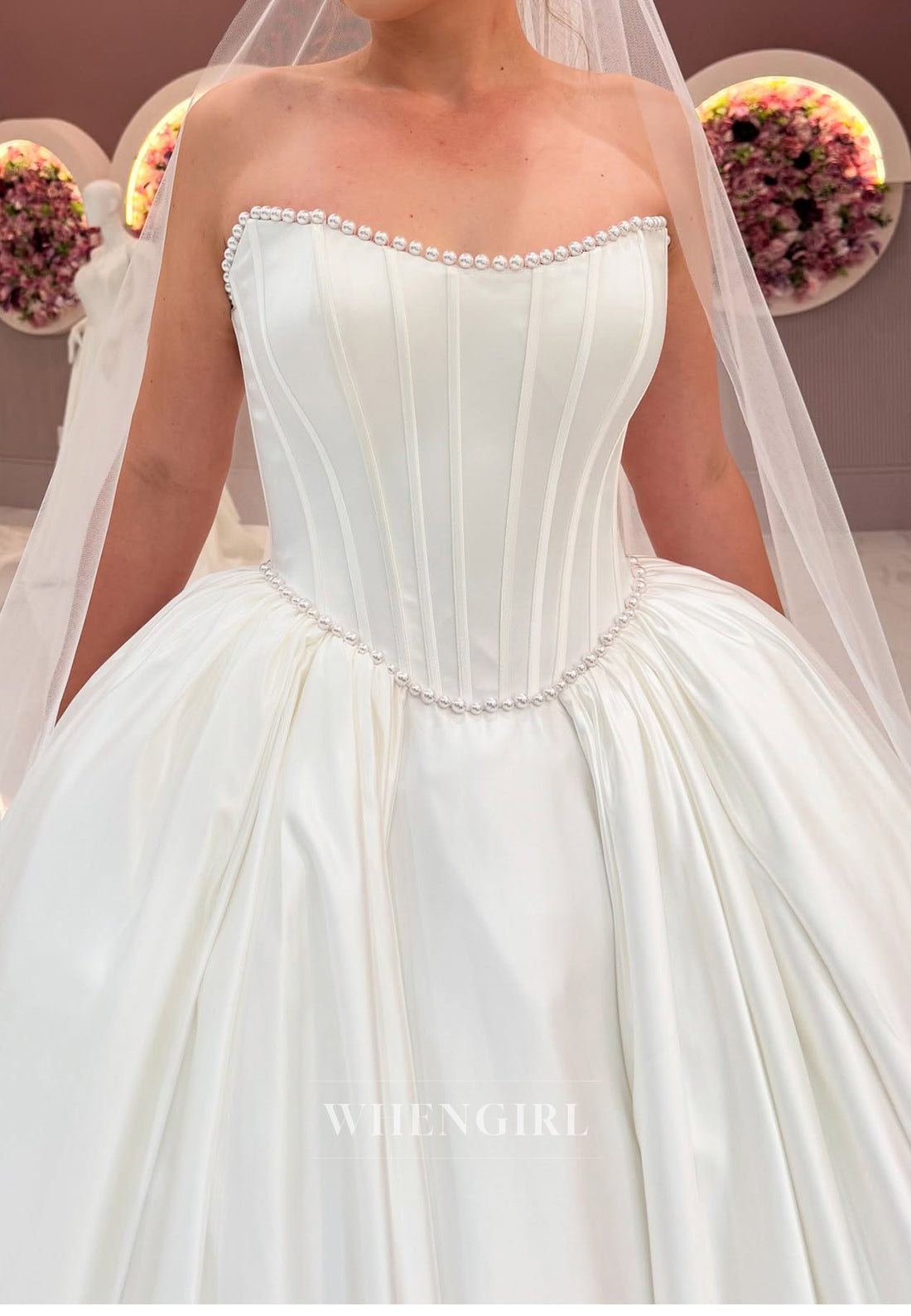 Strapless Sleeveless Beaded Bateau Neck Ball Gown Wedding Dress with Train
