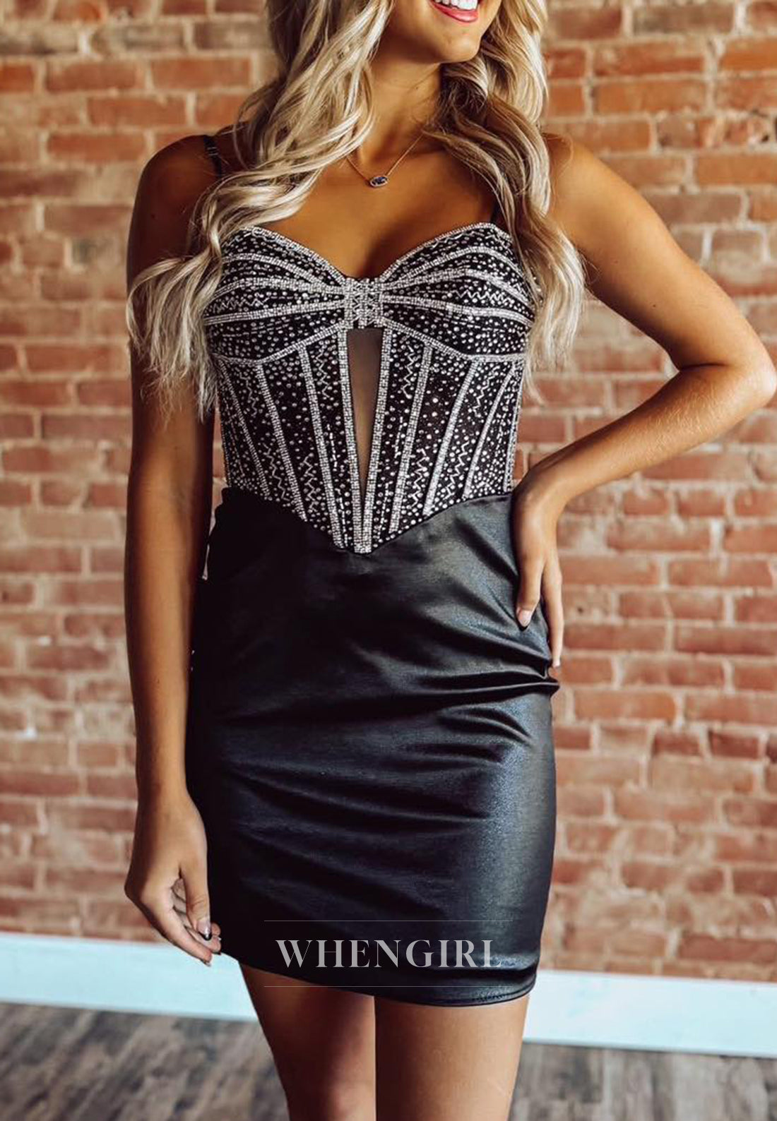 Black Sweetheart Spaghetti Straps Sleeveless Cut Out Lace Up Sheath Short Homecoming Dress