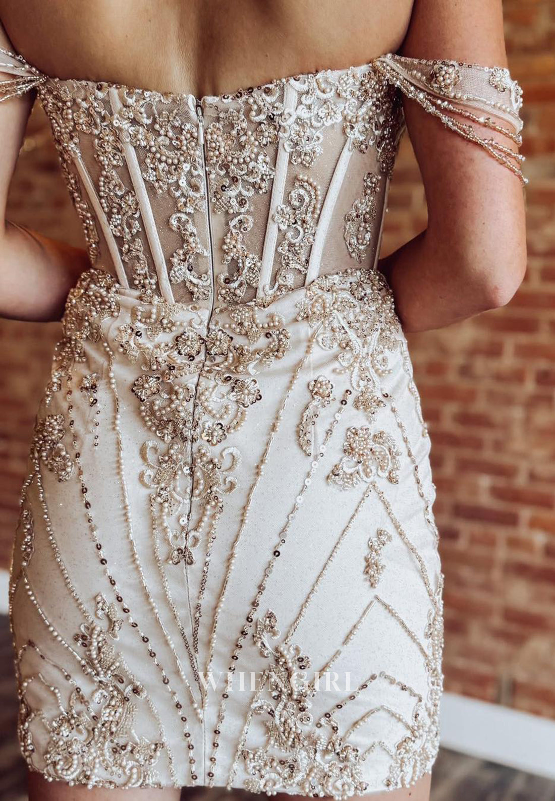 Beige Off Shoulder Back Zipper Beaded Sheath Short Homecoming Dress
