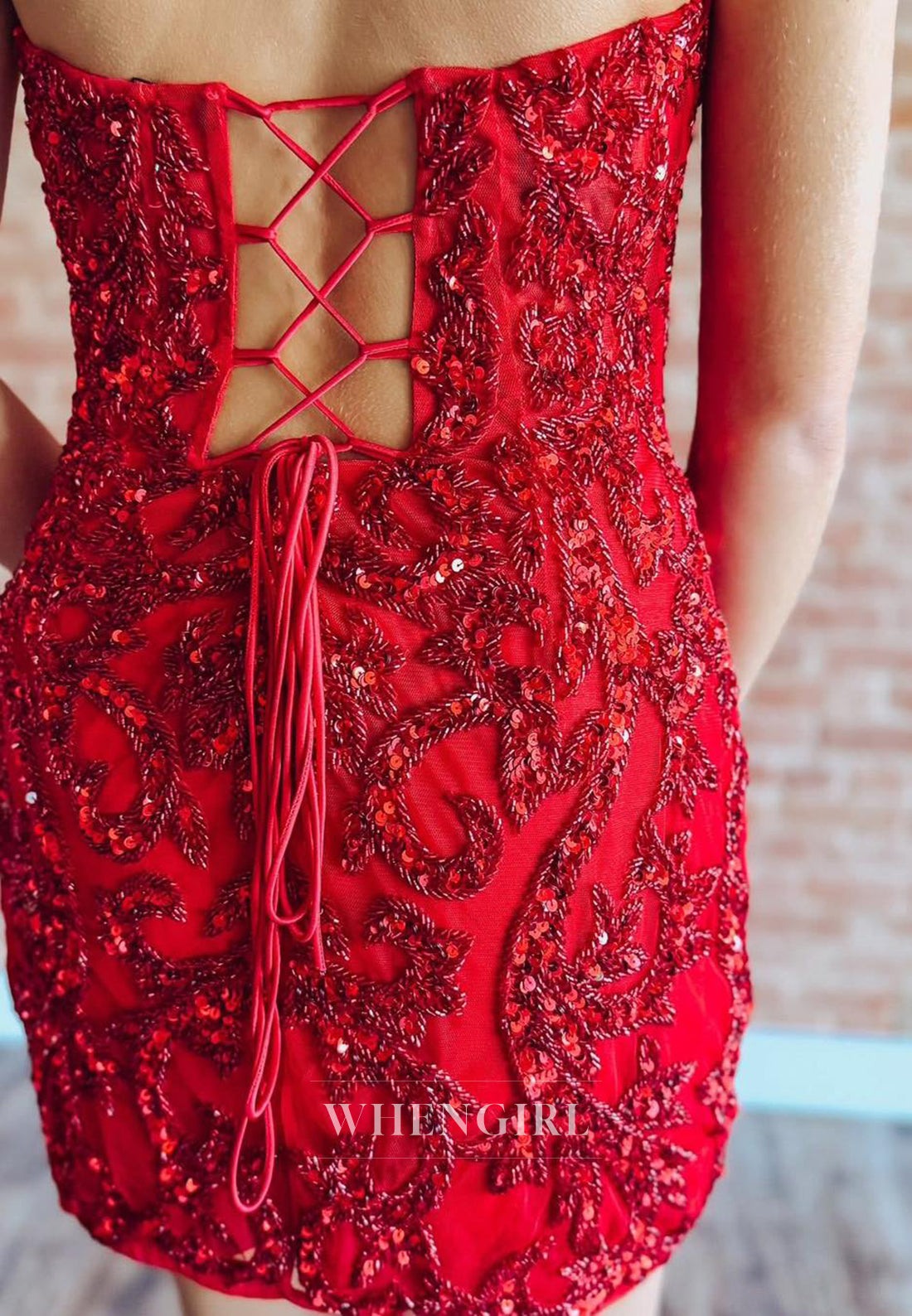 Red Sheath V Neck Sleeveless Lace Up Beaded Short Homecoming Dress