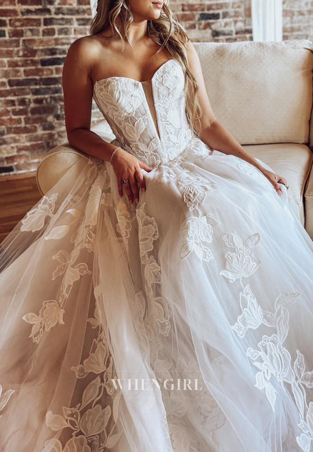 A-Line V Neck Sleeveless Strapless Lace Embroidered Court Train Wedding Dress