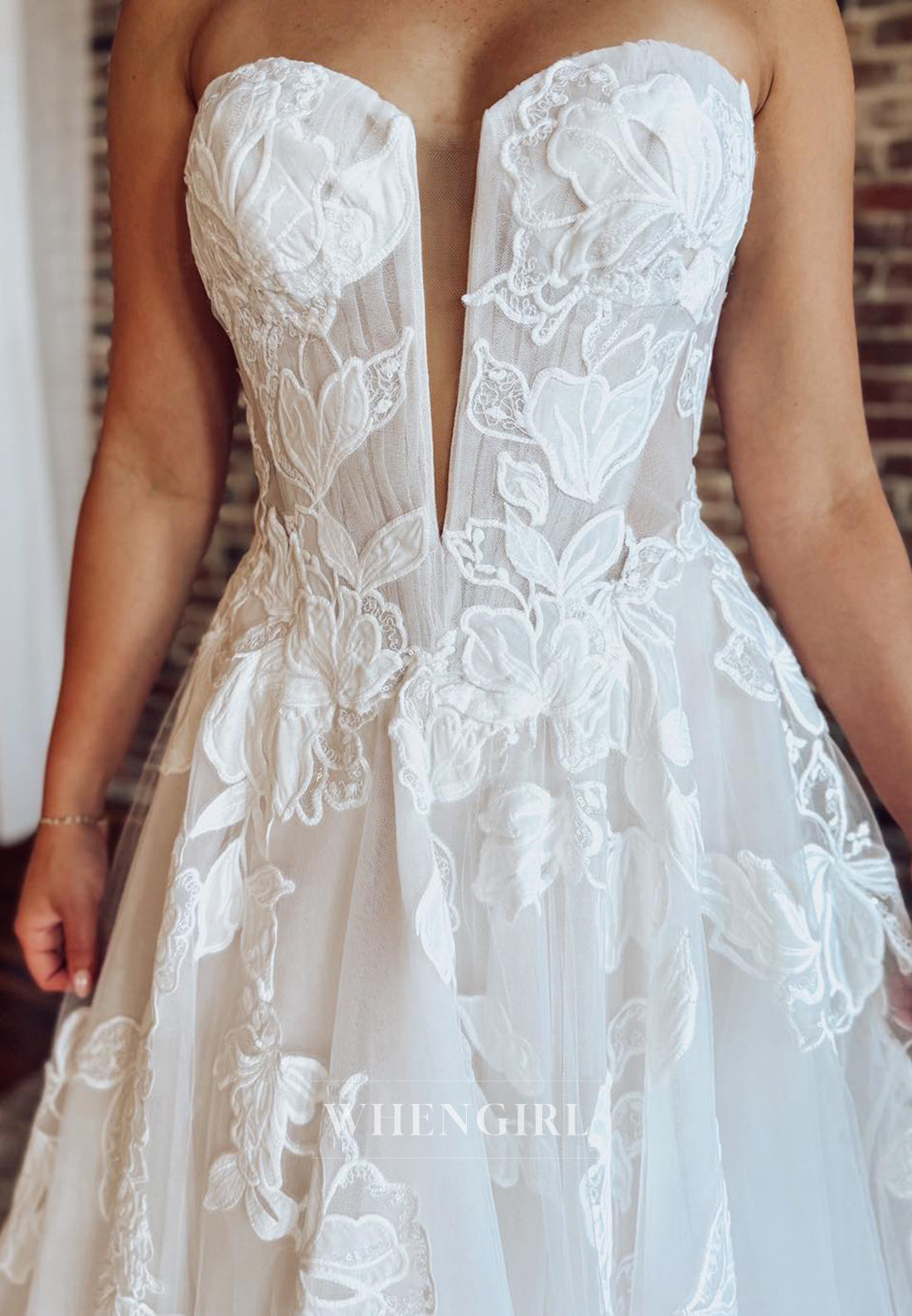 A-Line V Neck Sleeveless Strapless Lace Embroidered Court Train Wedding Dress