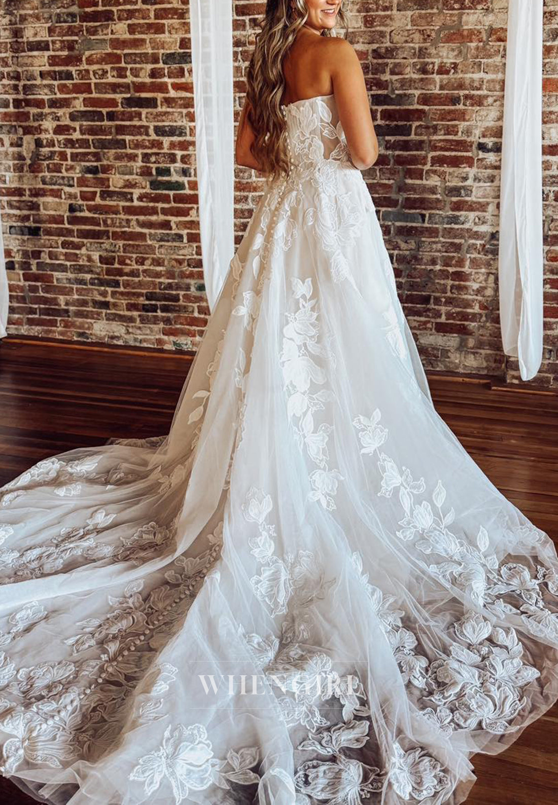 A-Line V Neck Sleeveless Strapless Lace Embroidered Court Train Wedding Dress