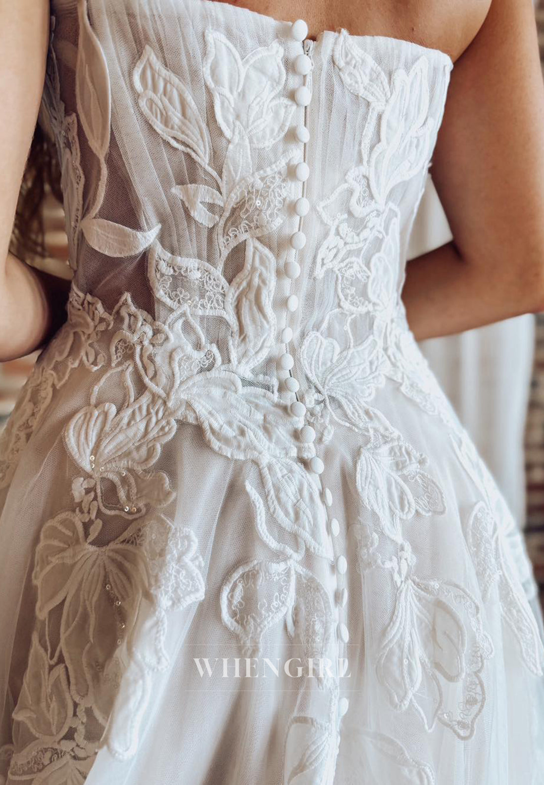A-Line V Neck Sleeveless Strapless Lace Embroidered Court Train Wedding Dress