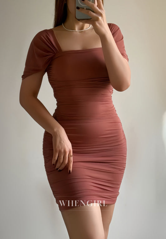 Puce Pink Sheath Cap Sleeves Square Neck Homecoming Dress