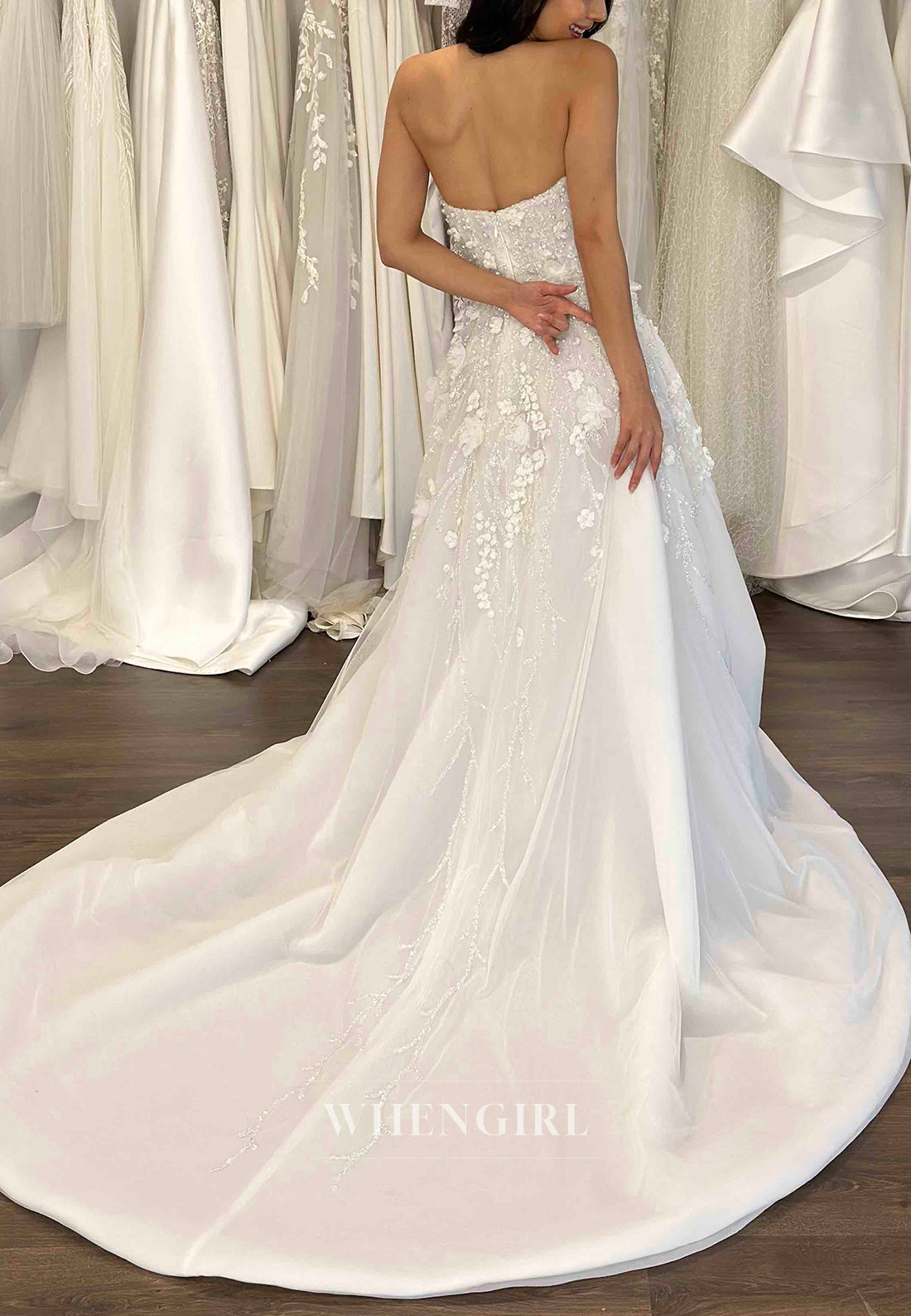 Strapless Pearls Beading Appliqued Sleeveless Side Slit Court Trian A-Line Wedding Dress