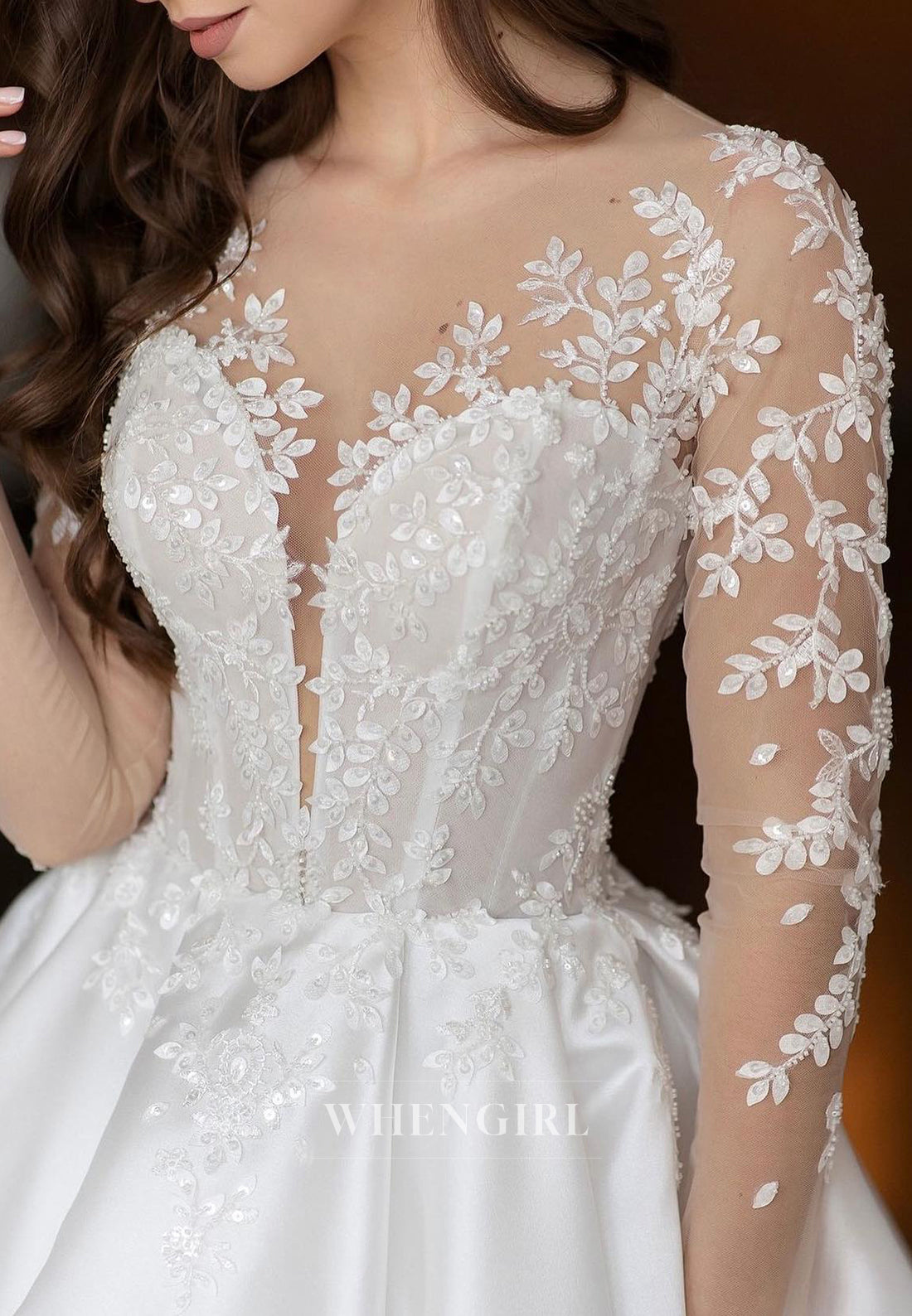 V Neck Long Sleeves Appliqued Lace A-Line Satin Court Train Wedding Dress