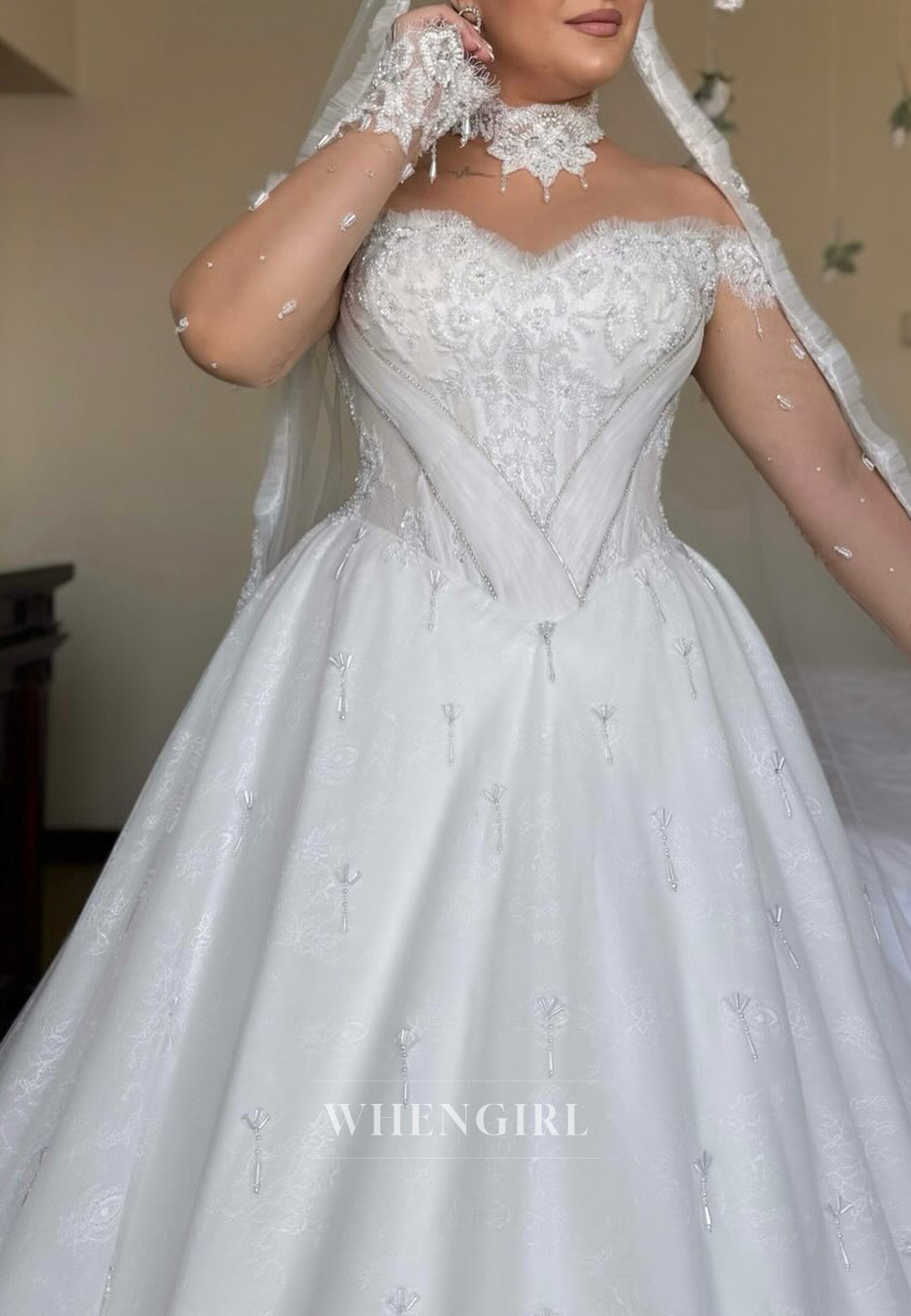 Sweetheart Long Sleeves Beaded Lace A-Line Long Wedding Dress